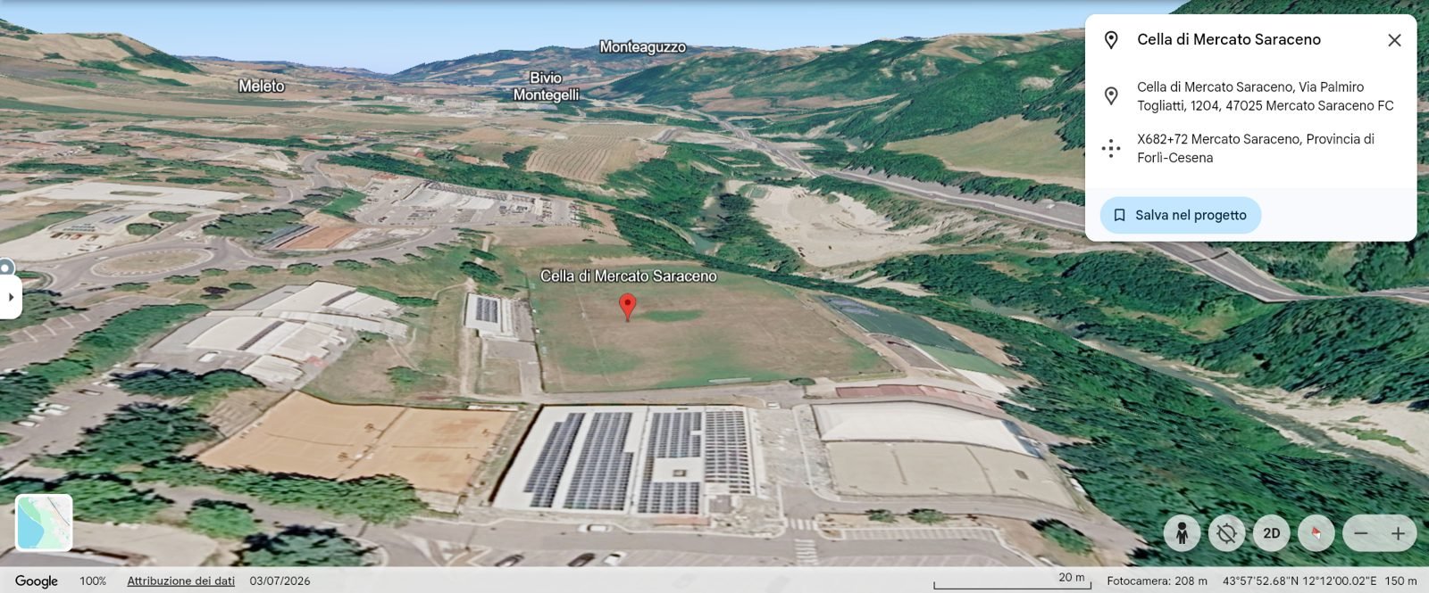 Il campo nel fondovalle di Mercato Saraceno; verso monte Google Earth segna Meleto, Bivio Montegelli e Monteaguzzo. Quest'anno la prima squadra gioca a Borello, sul campo «A. Arrigoni» (CRER, C.U. n. 22 del 28/08/2026).