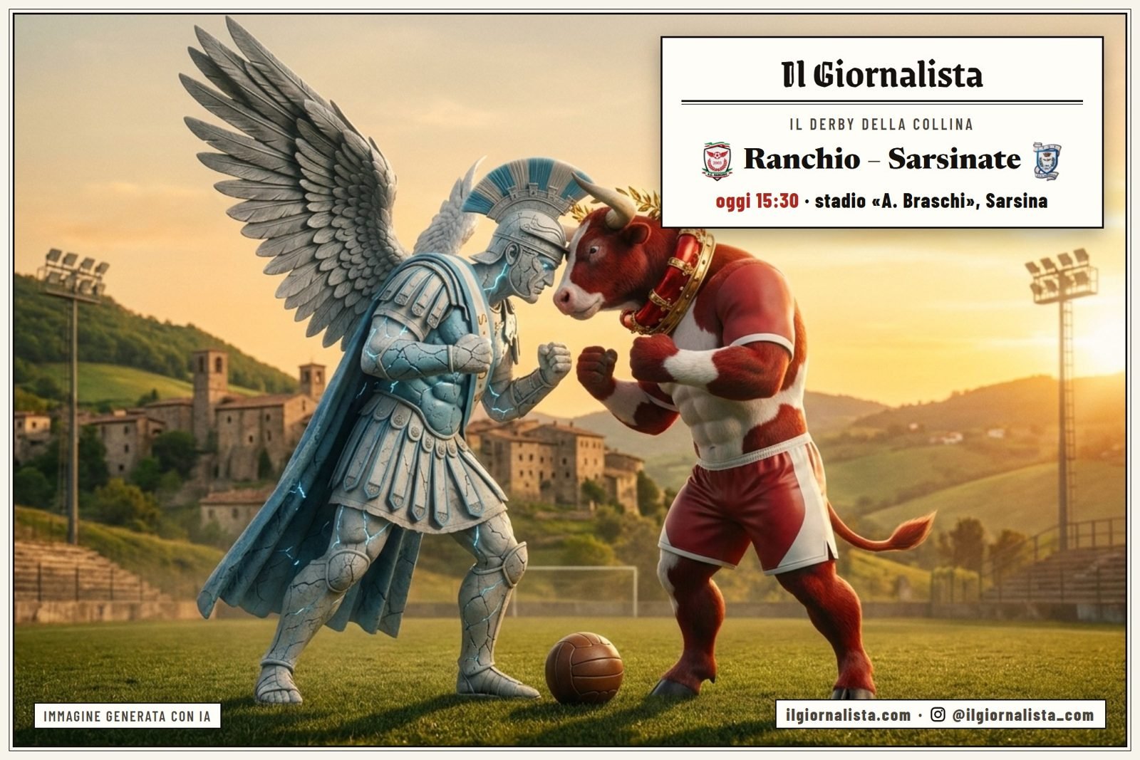 Centurione alato contro toro biancorosso: Sarsina si divide in due. Illustrazione generata con IA.