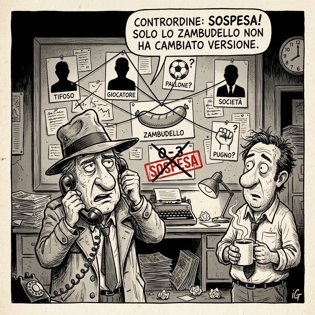Vignetta a china. Di notte, in redazione, un cronista con cappello sgualcito e impermeabile parla al telefono a cornetta, sconsolato; accanto un collega spettinato con una tazza di caffè fumante lo guarda perplesso. Dietro, una lavagna da investigatore: tre sagome nere senza volto con scritto TIFOSO, GIOCATORE, SOCIETÀ, un pallone con «PALLONE?», un pugno con «PUGNO?», fili neri che convergono su una grossa salsiccia con scritto ZAMBUDELLO; un cartellino «0-3» barrato con un timbro rosso SOSPESA. Il cronista dice: «Contrordine: sospesa! Solo lo zambudello non ha cambiato versione.»